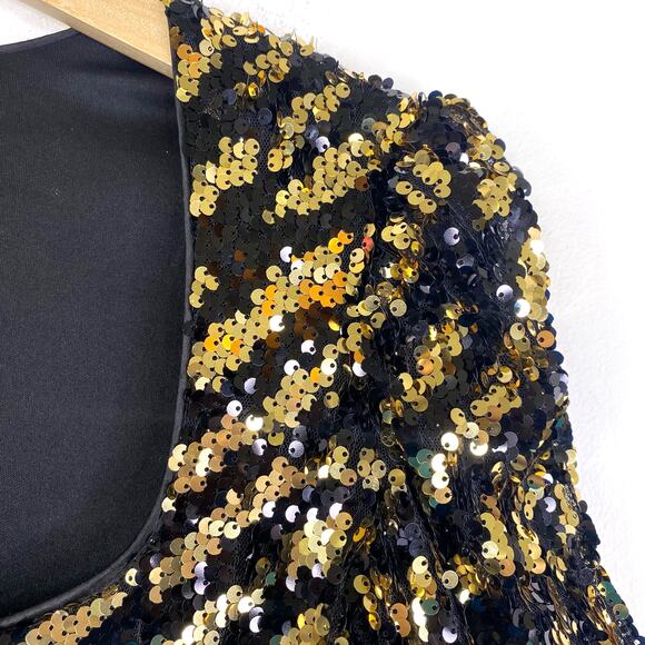 Betsy Johnson Tigress Sequin Cocktail Mini Dress Gold Black Party Holiday Sz M - Picture 4 of 13